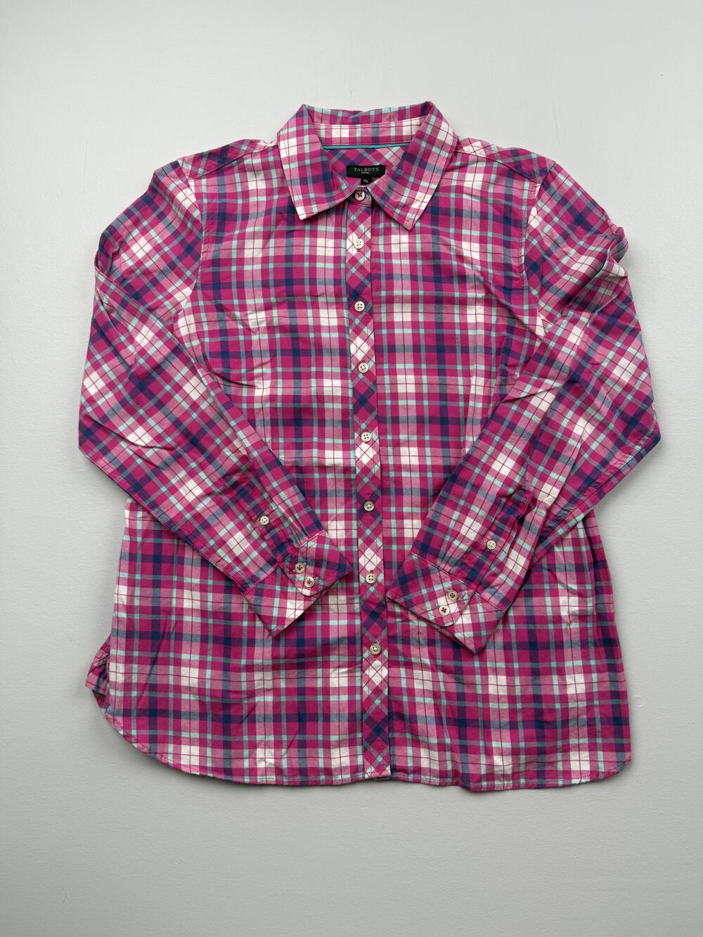 Talbots Button Up Shirt Womens MP Petite Pink Plaid Collared Long Sleeve Top